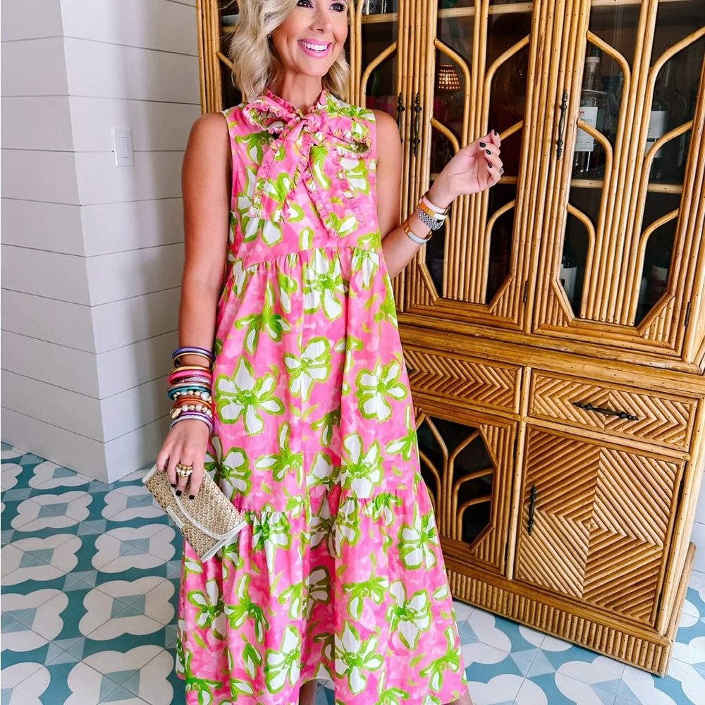 Peach Love California Pink and Green Ruffle Maxi Dress